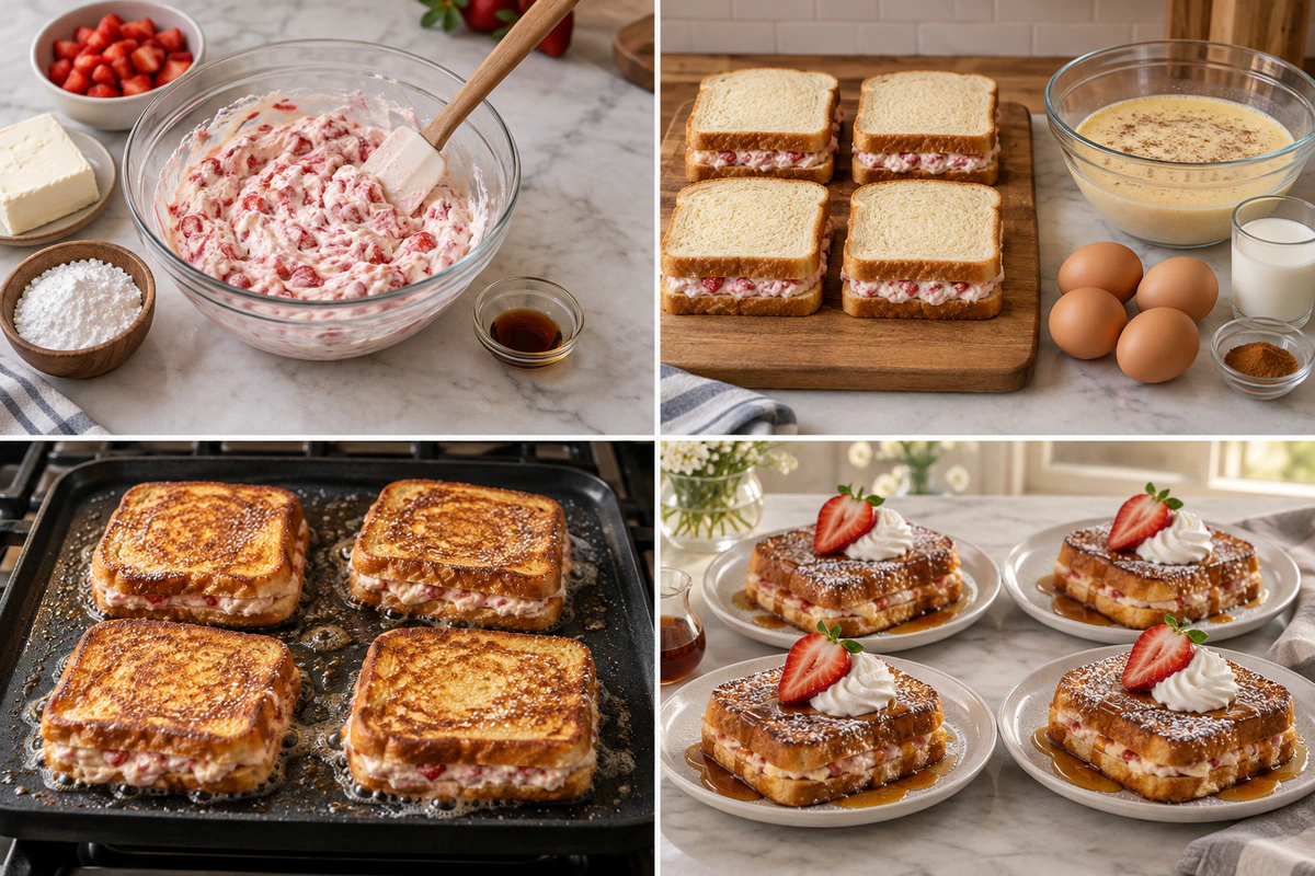 Four chronological preparation stages for Strawberry Cheesecake French Toast