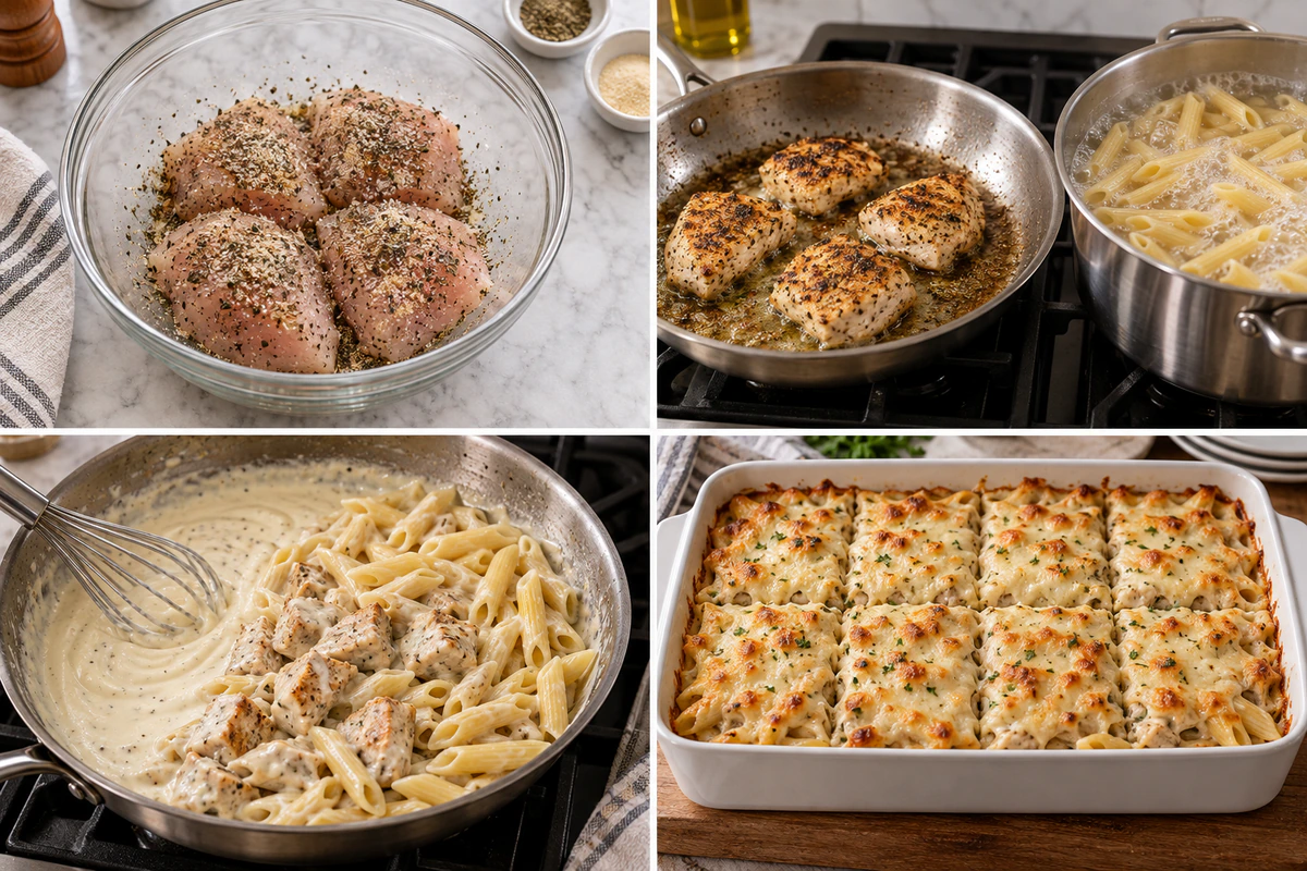 Four chronological preparation stages for Chicken Alfredo Bake