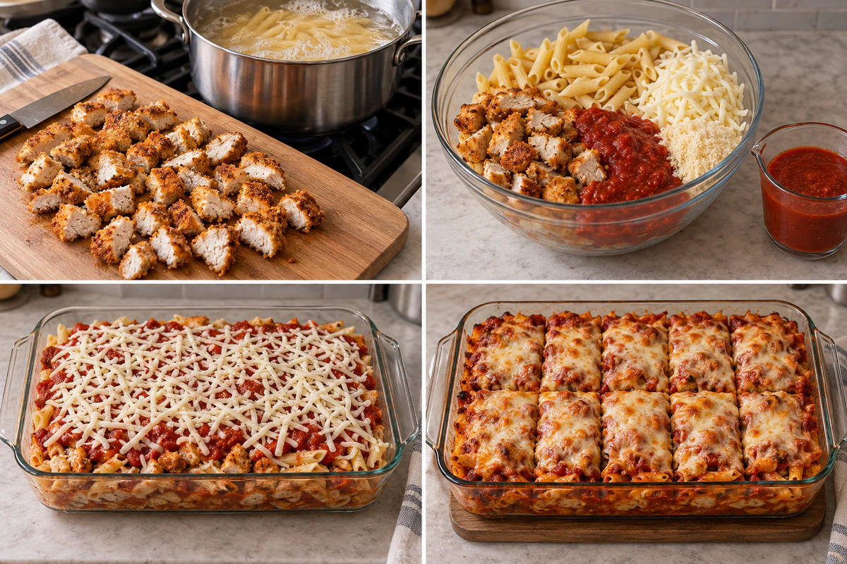 Four chronological preparation stages for Chicken Parmesan Casserole