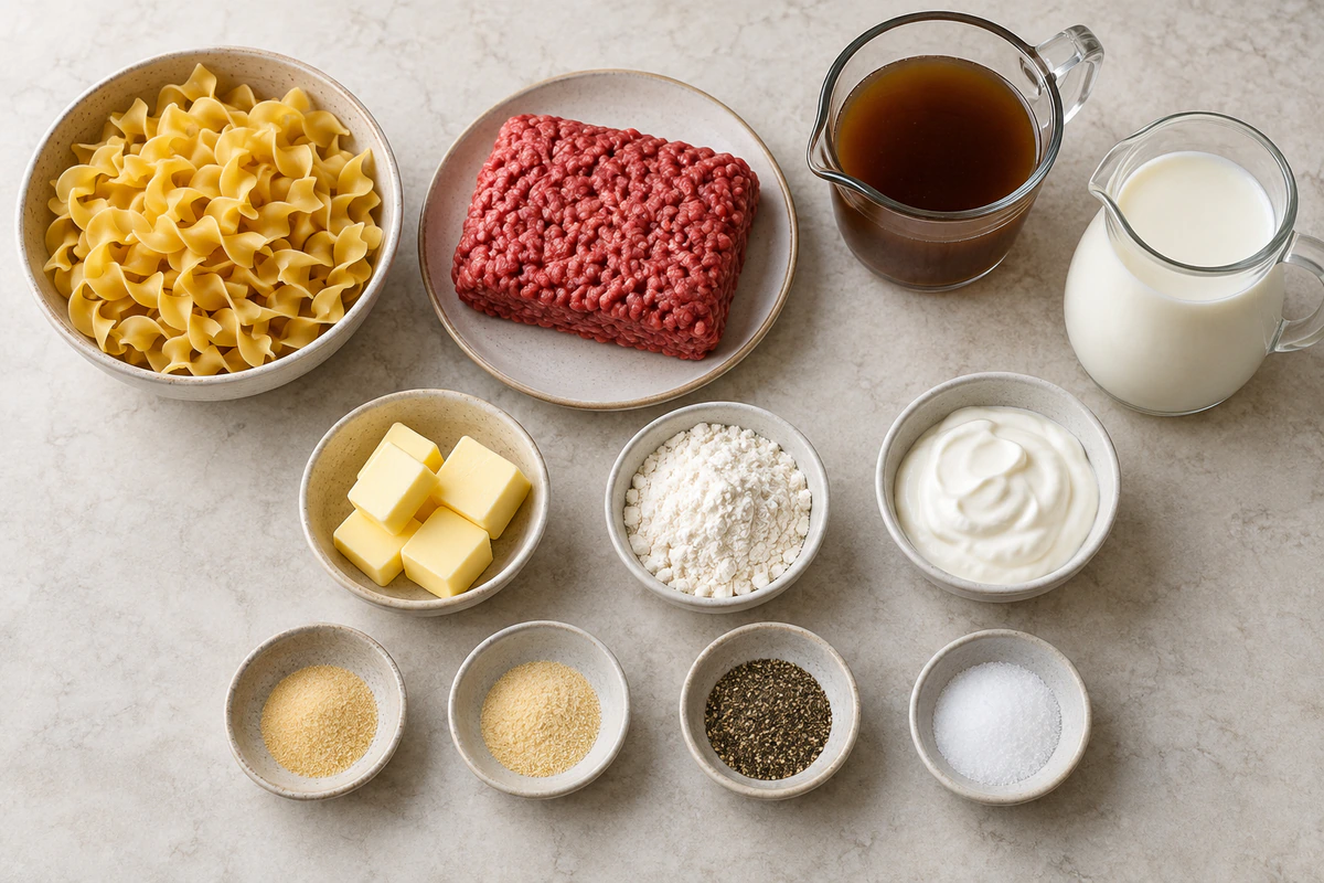 Exact measured ingredients for Ground Beef Stroganoff