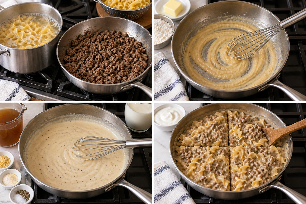 Four chronological preparation stages for Ground Beef Stroganoff