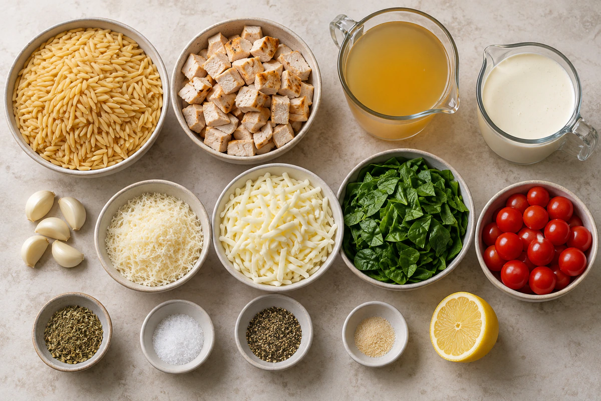 Exact measured ingredients for Orzo Tuscan Chicken Bake