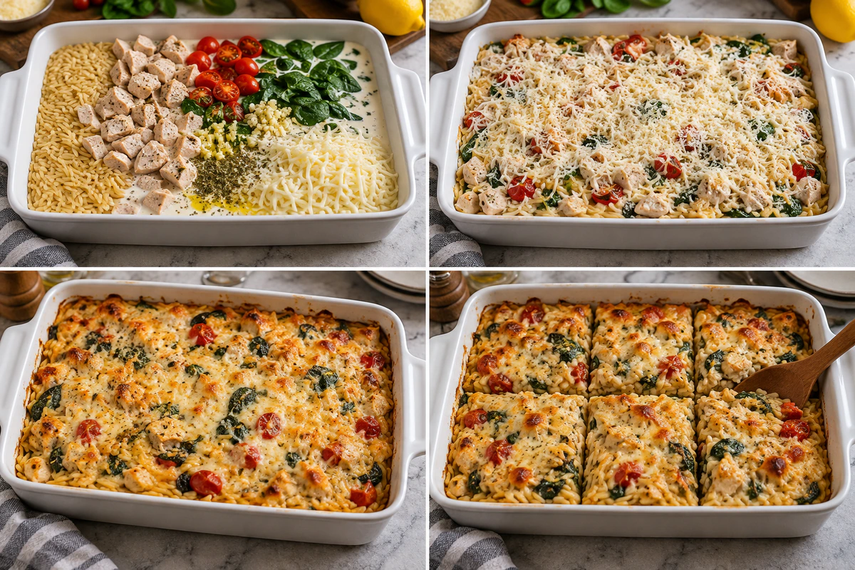 Four chronological preparation stages for Orzo Tuscan Chicken Bake
