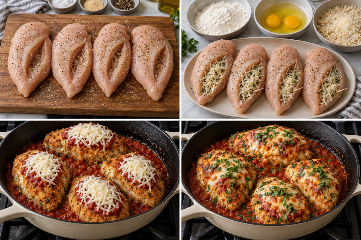 Four chronological preparation stages for Delicious Stuffed Chicken Parmesan