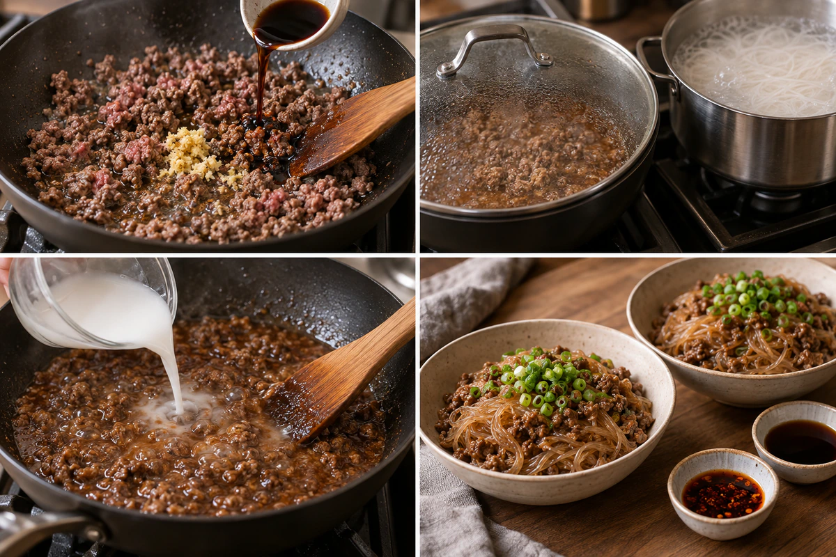 Four chronological preparation stages for Asian Ground Beef Noodles