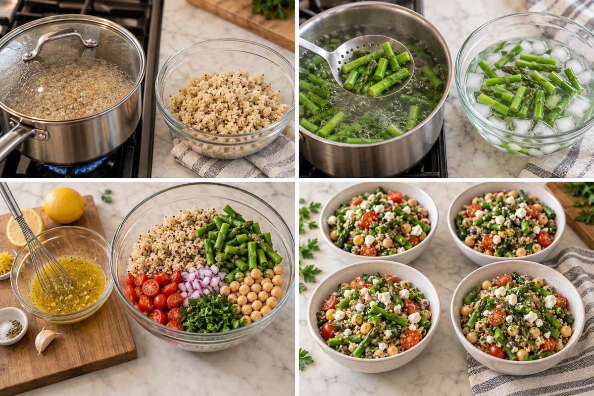 Four chronological preparation stages for Fresh Asparagus Chickpea Quinoa