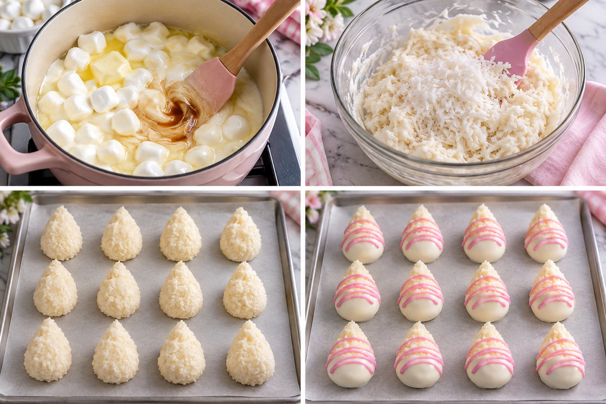 Four chronological preparation stages for Easter Bunny Coconut Treats