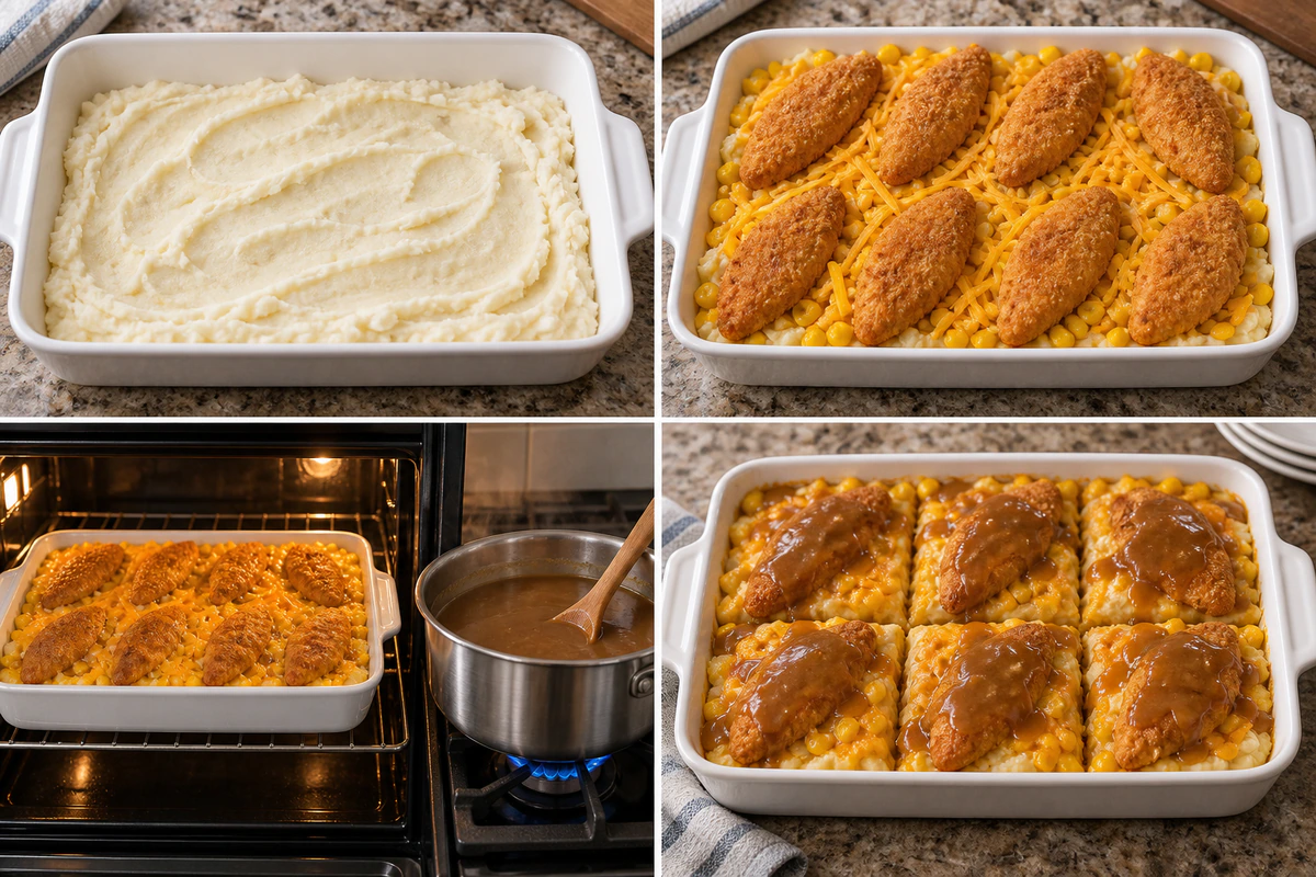 Four chronological preparation stages for Mashed Potato Casserole