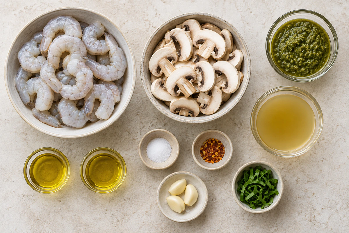 Exact measured ingredients for Pesto Shrimp with Mushrooms