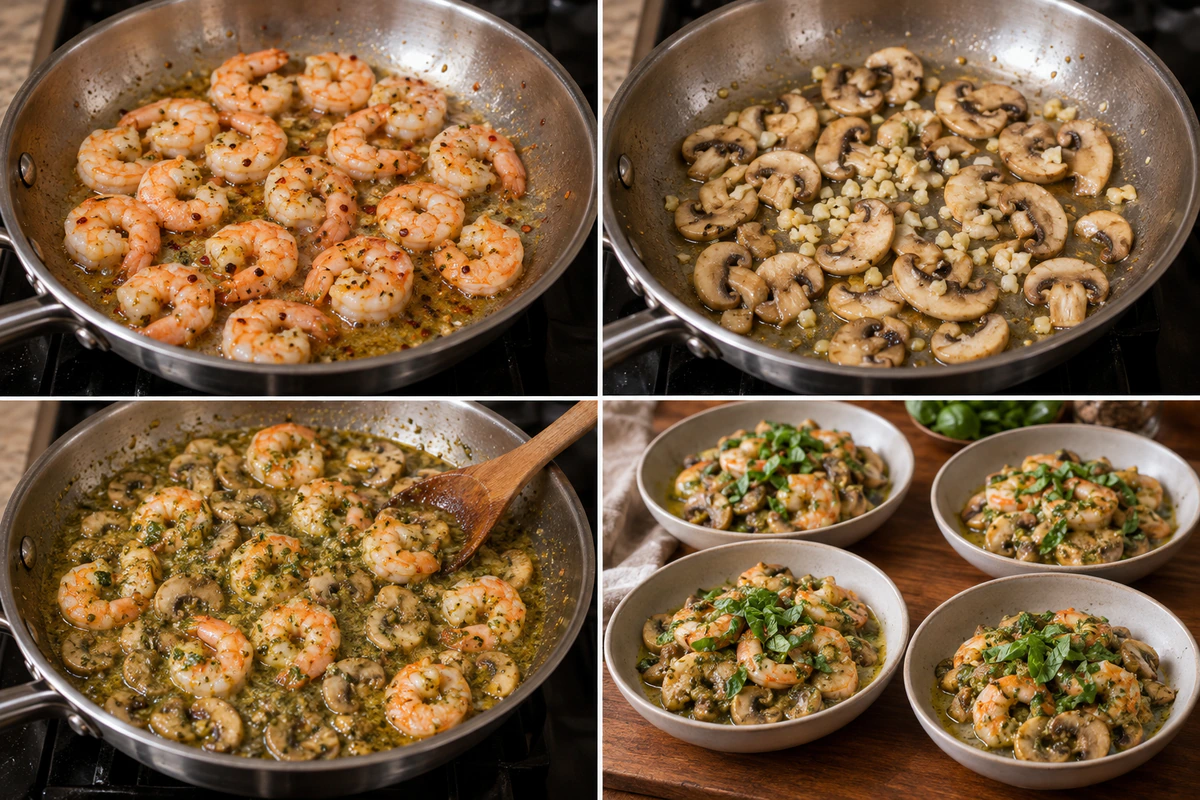 Four chronological preparation stages for Pesto Shrimp with Mushrooms