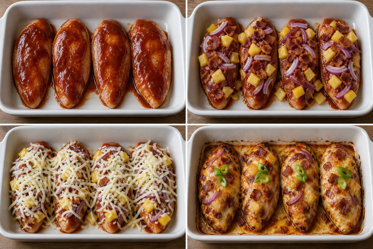 Four chronological preparation stages for Bacon Pineapple BBQ Chicken