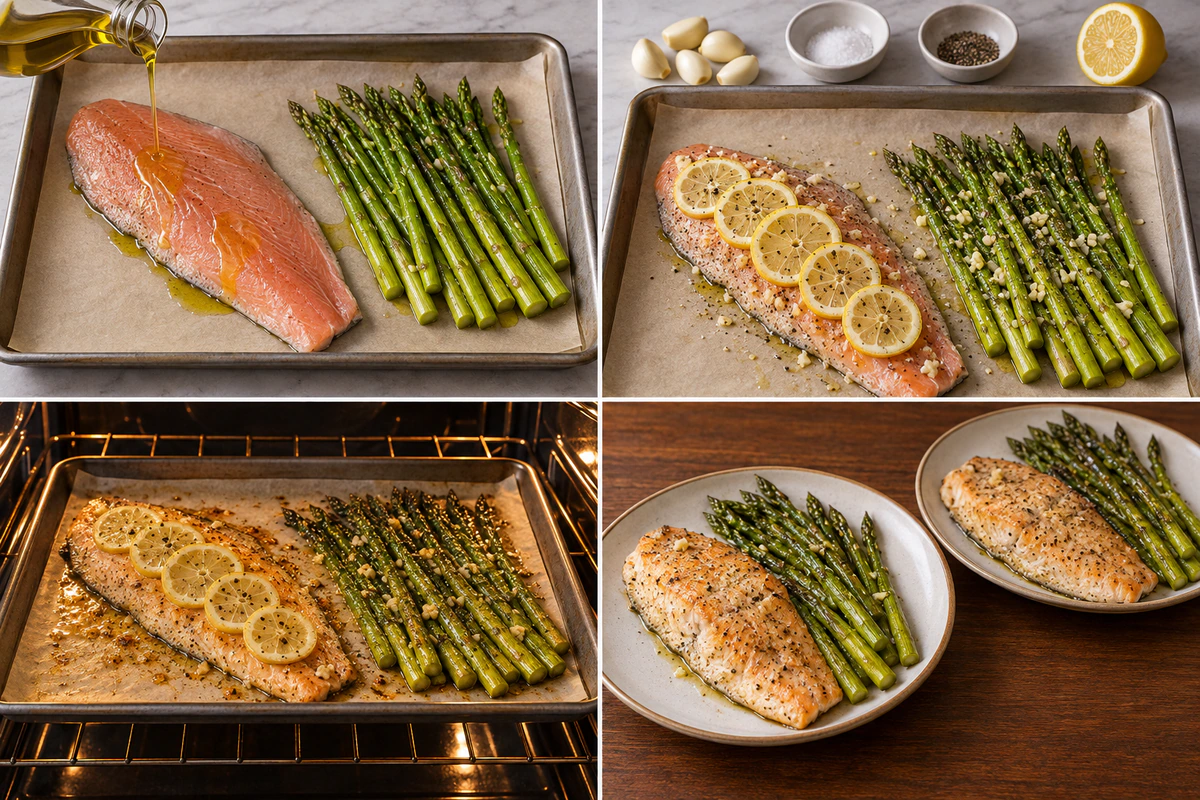 Four chronological preparation stages for Baked Rainbow Trout with Lemon, Pepper, and Garlic