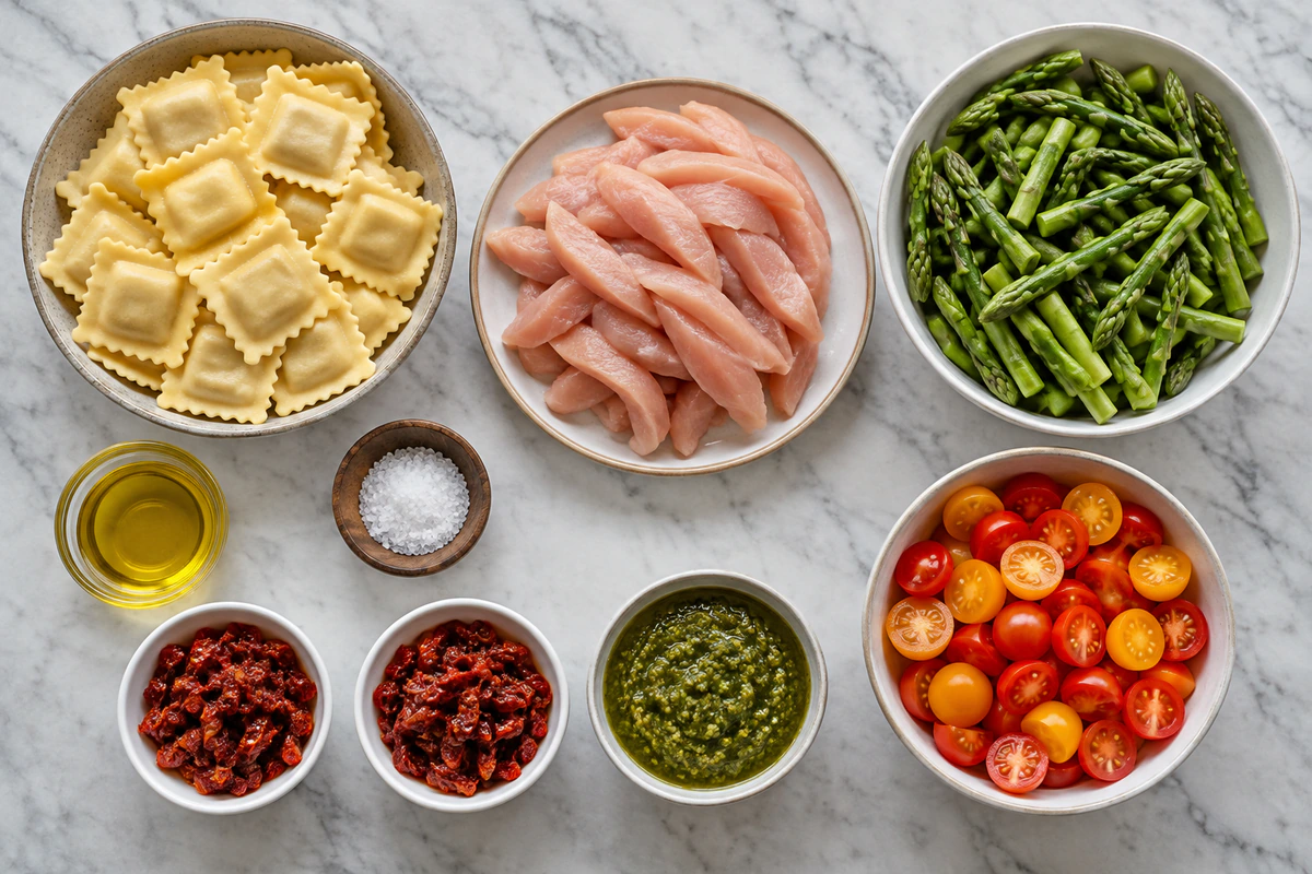 Exact measured ingredients for Chicken Ravioli with Pesto and Veggies