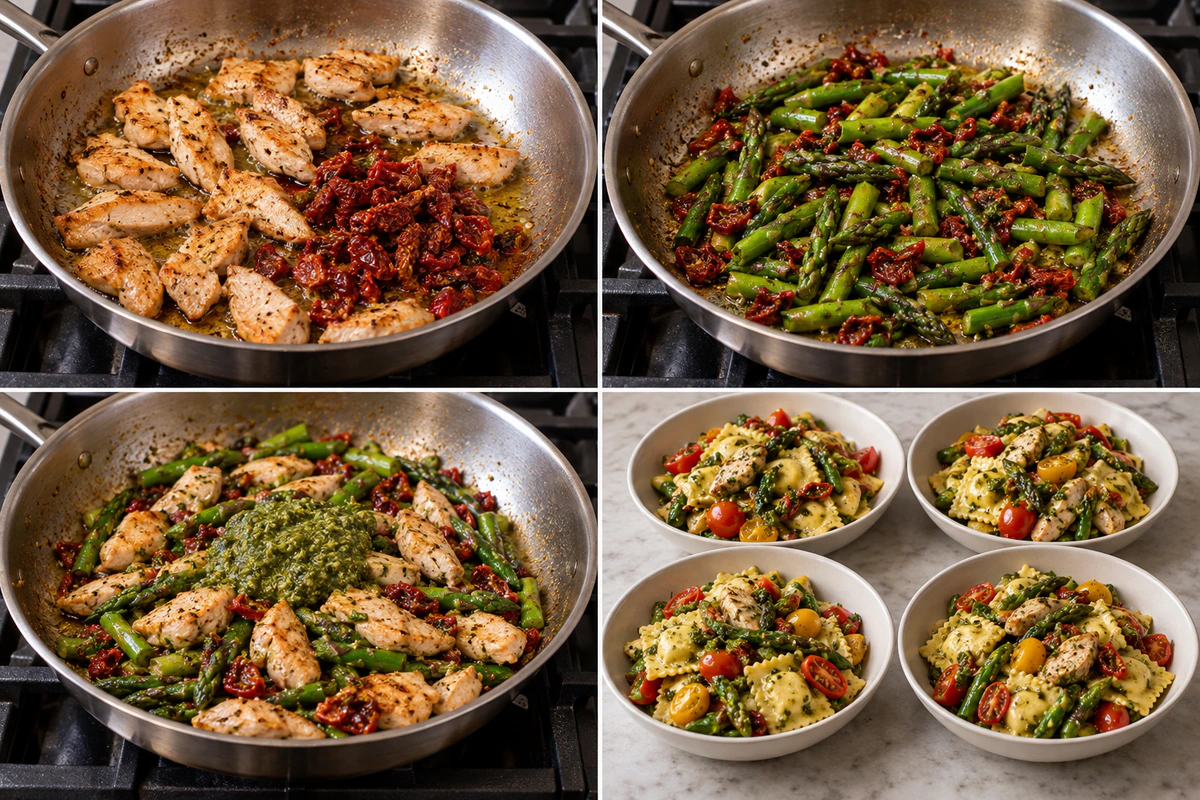 Four chronological preparation stages for Chicken Ravioli with Pesto and Veggies