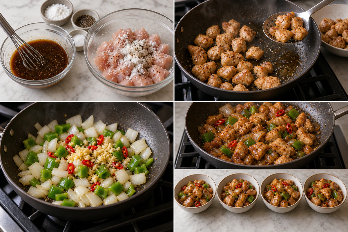 Four chronological preparation stages for Black Pepper Chicken