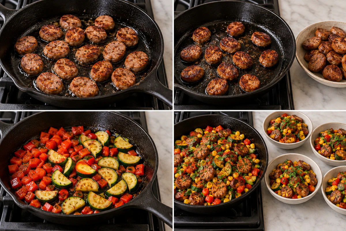 Four chronological preparation stages for Sausage and Veggies Skillet