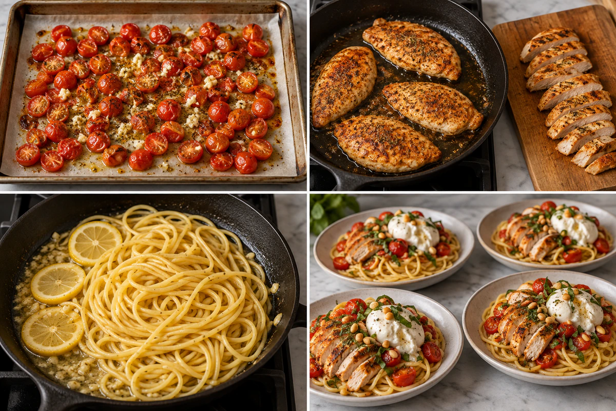 Four chronological preparation stages for Chicken Spaghetti with Burrata