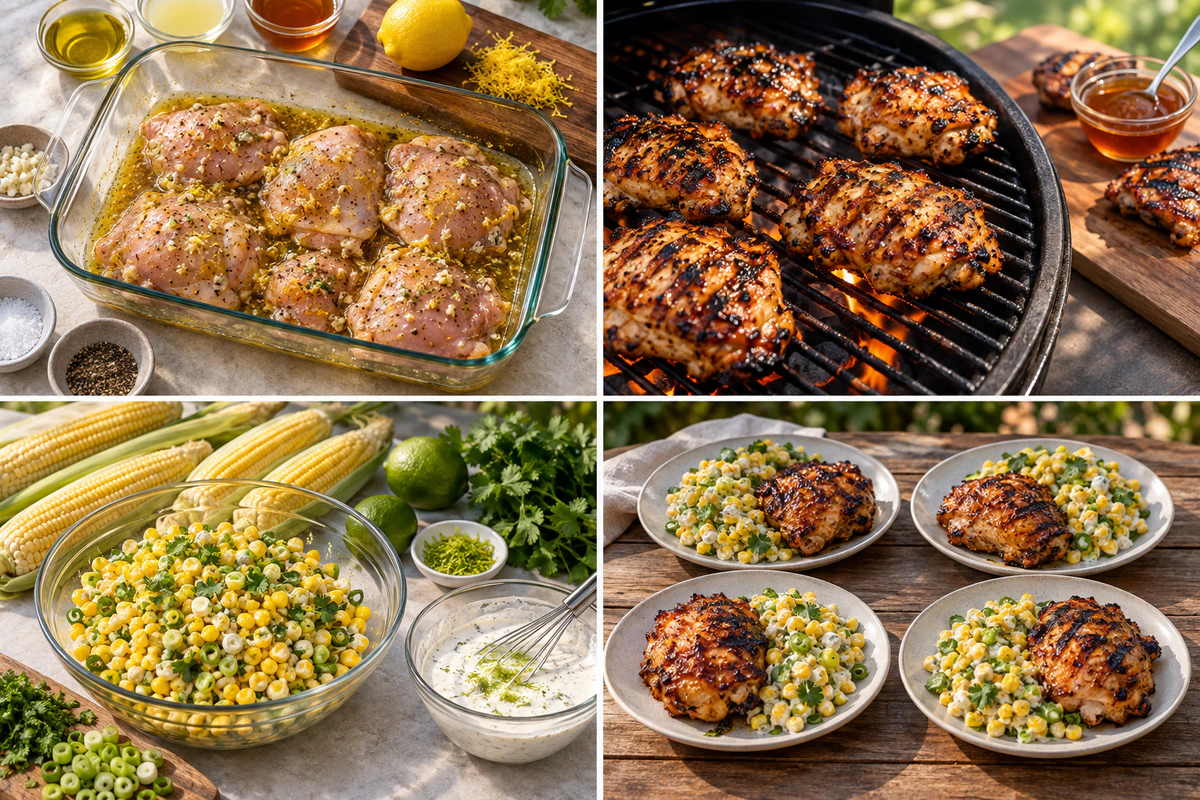 Four chronological preparation stages for Grilled Hot Honey Chicken