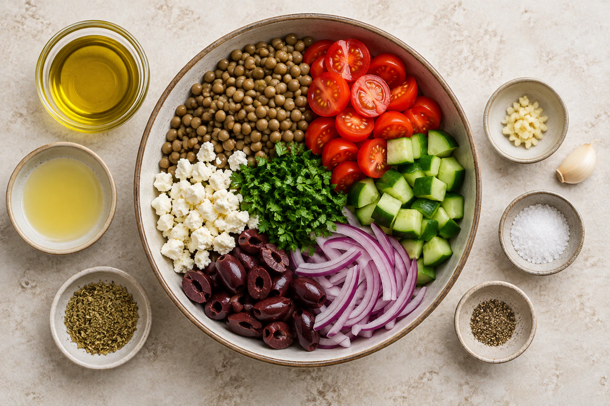 Exact measured ingredients for Mediterranean Lentil Salad