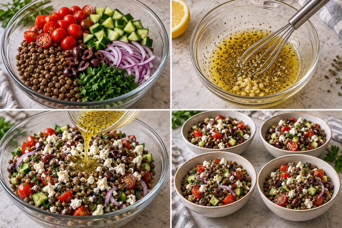 Four chronological preparation stages for Mediterranean Lentil Salad