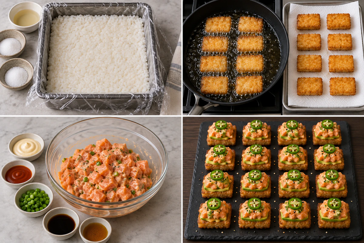 Four chronological preparation stages for Salmon Crispy Rice