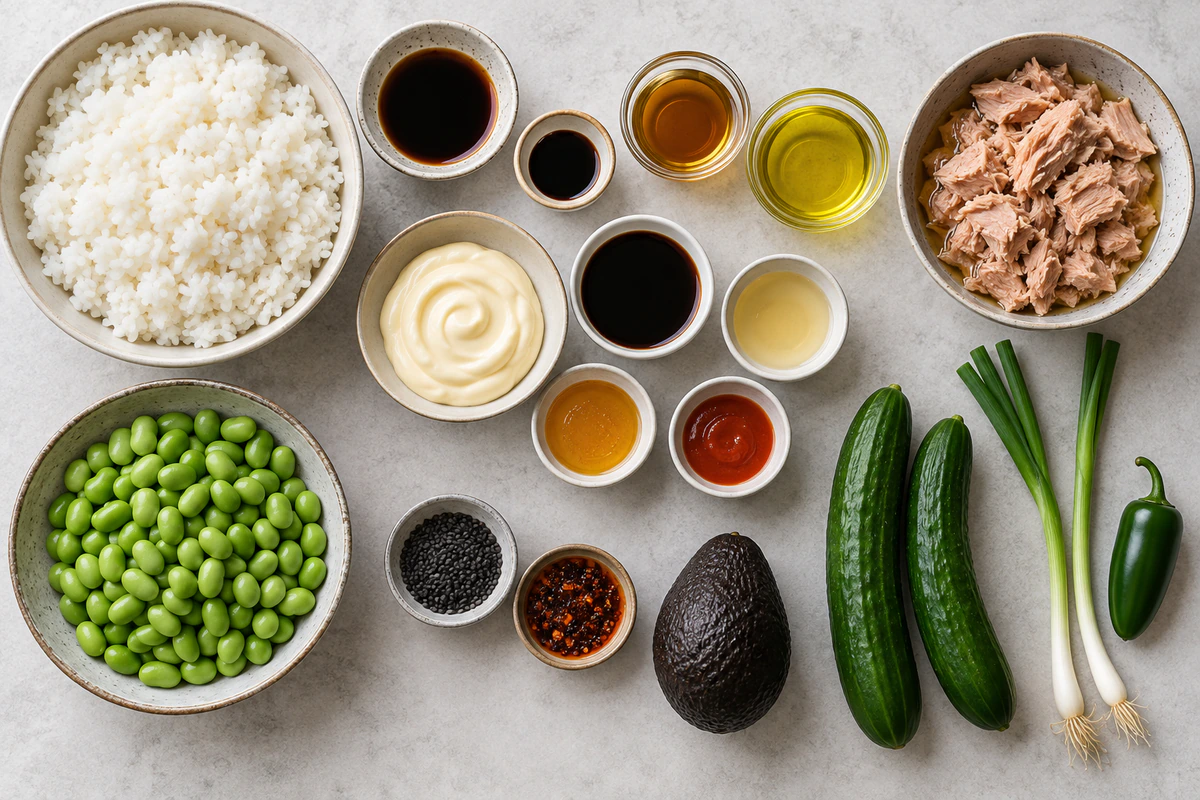 Exact measured ingredients for Tuna Avocado Crispy Rice Salad