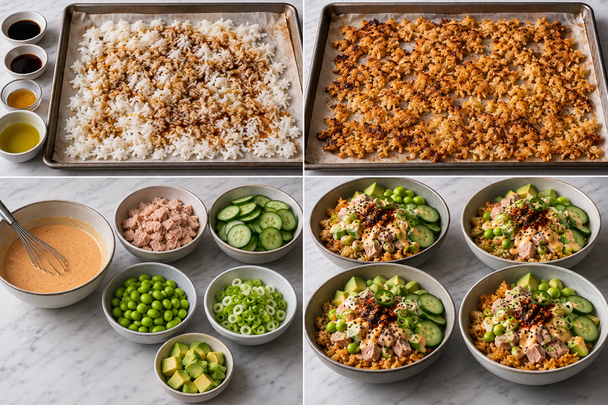 Four chronological preparation stages for Tuna Avocado Crispy Rice Salad