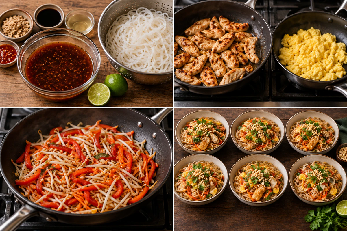 Four chronological preparation stages for Flavorful Chicken Pad Thai