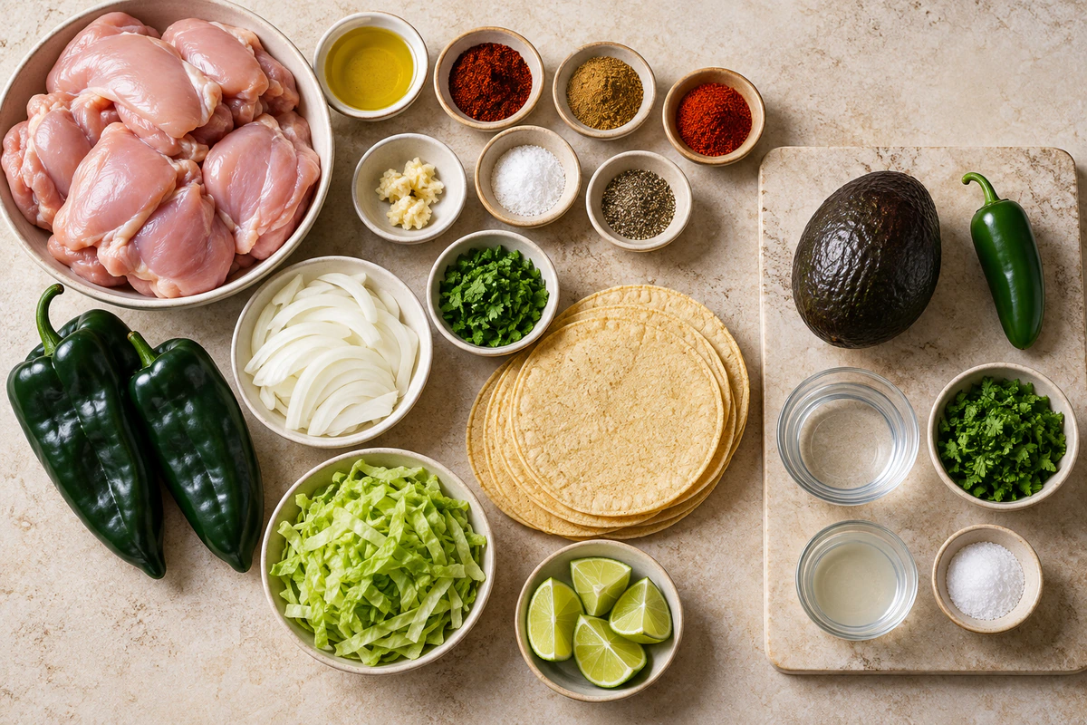 Exact measured ingredients for Crispy Poblano Chicken Tacos with Avocado-Jalapeño Salsa