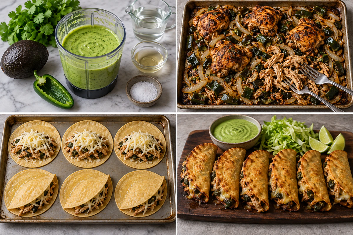 Four chronological preparation stages for Crispy Poblano Chicken Tacos with Avocado-Jalapeño Salsa