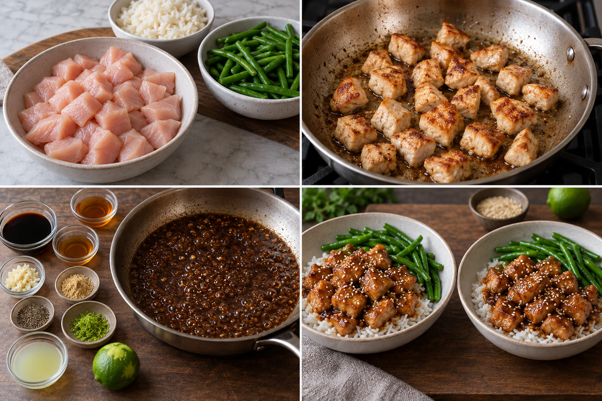 Four chronological preparation stages for Healthy Sesame Chicken Delight