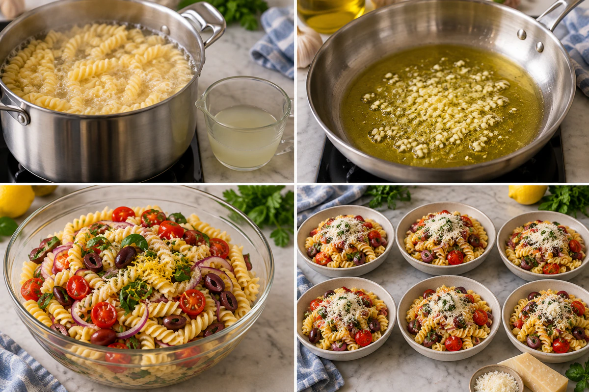 Four chronological preparation stages for Ina Garten’s Summer Pasta