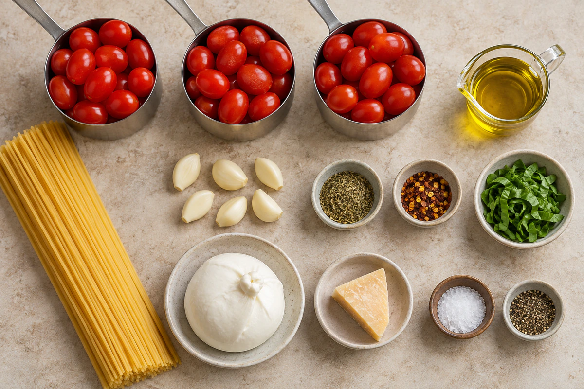 Exact measured ingredients for Burst Tomato Burrata Pasta