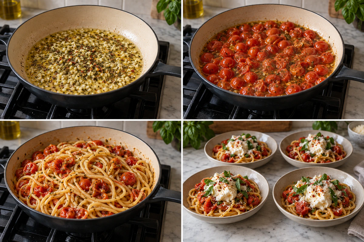 Four chronological preparation stages for Burst Tomato Burrata Pasta