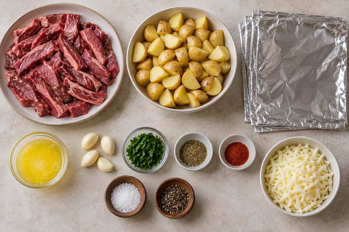 Exact measured ingredients for Garlic Steak & Potato Foil Packs