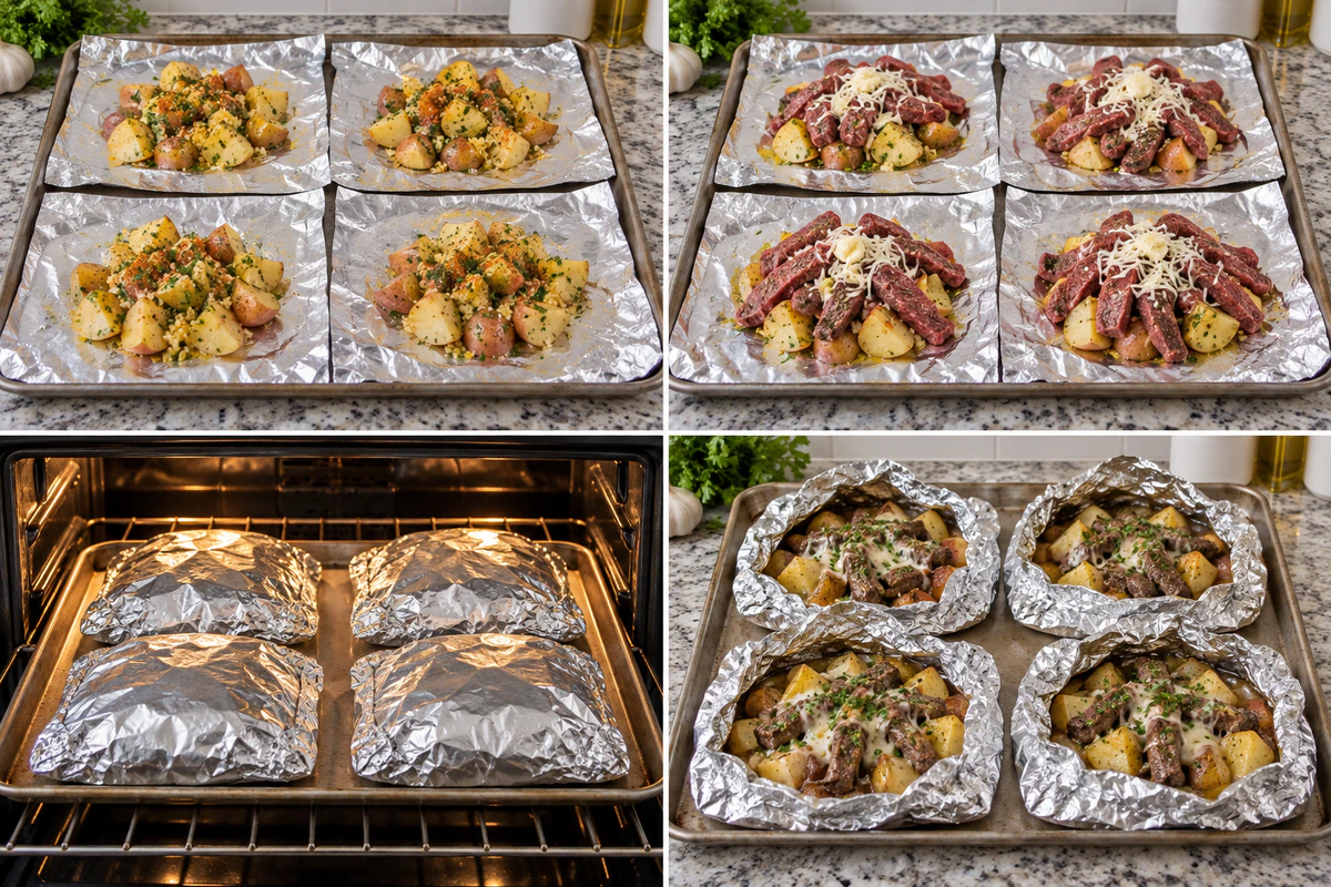 Four chronological preparation stages for Garlic Steak & Potato Foil Packs