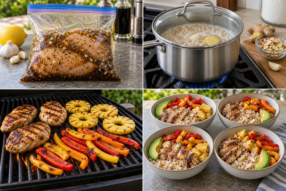 Four chronological preparation stages for Grilled Chicken and Pineapple Bowls with Coconut Rice