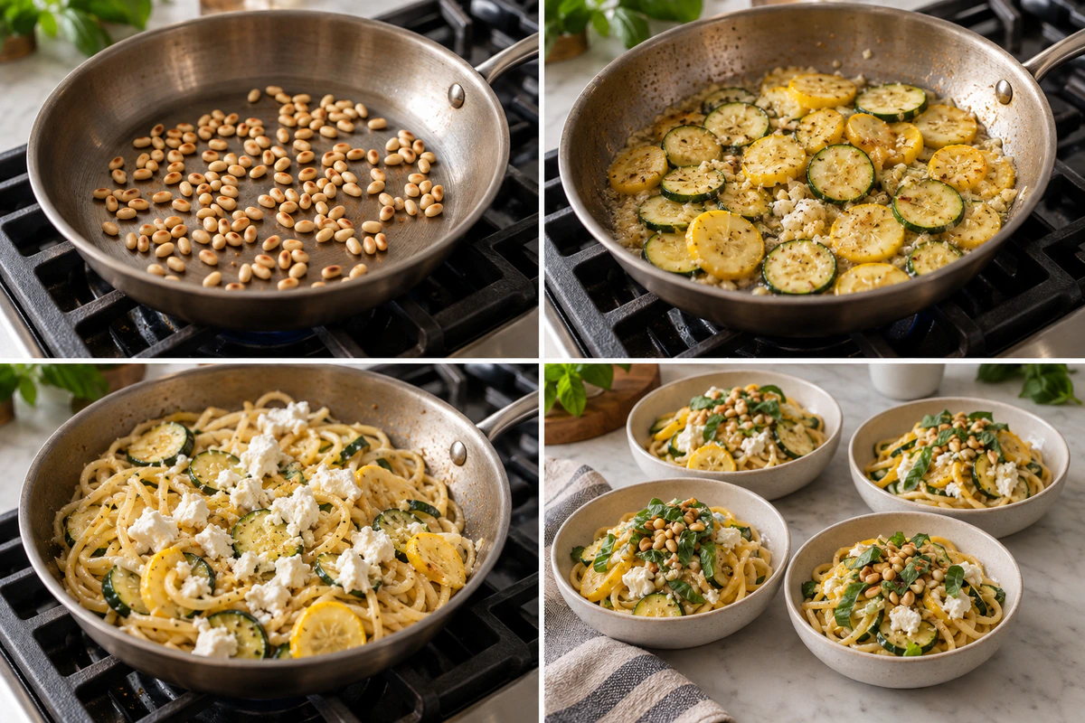 Four chronological preparation stages for Summer Squash Pasta Skillet