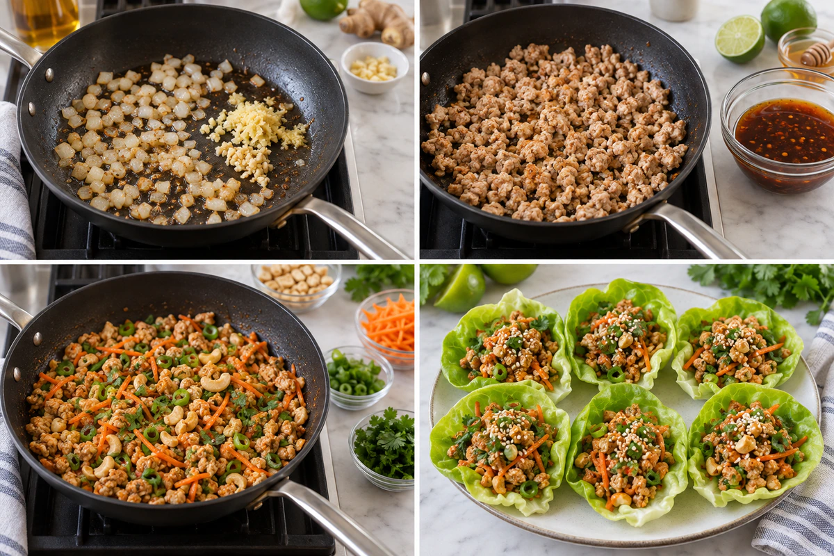 Four chronological preparation stages for Thai Chicken Lettuce Wraps