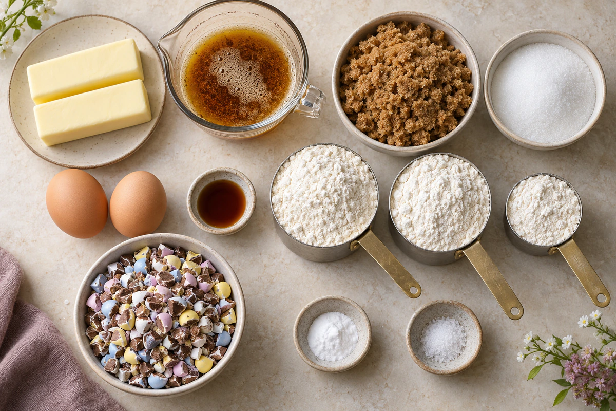 Exact measured ingredients for Brown Butter Cadbury Egg Cookies