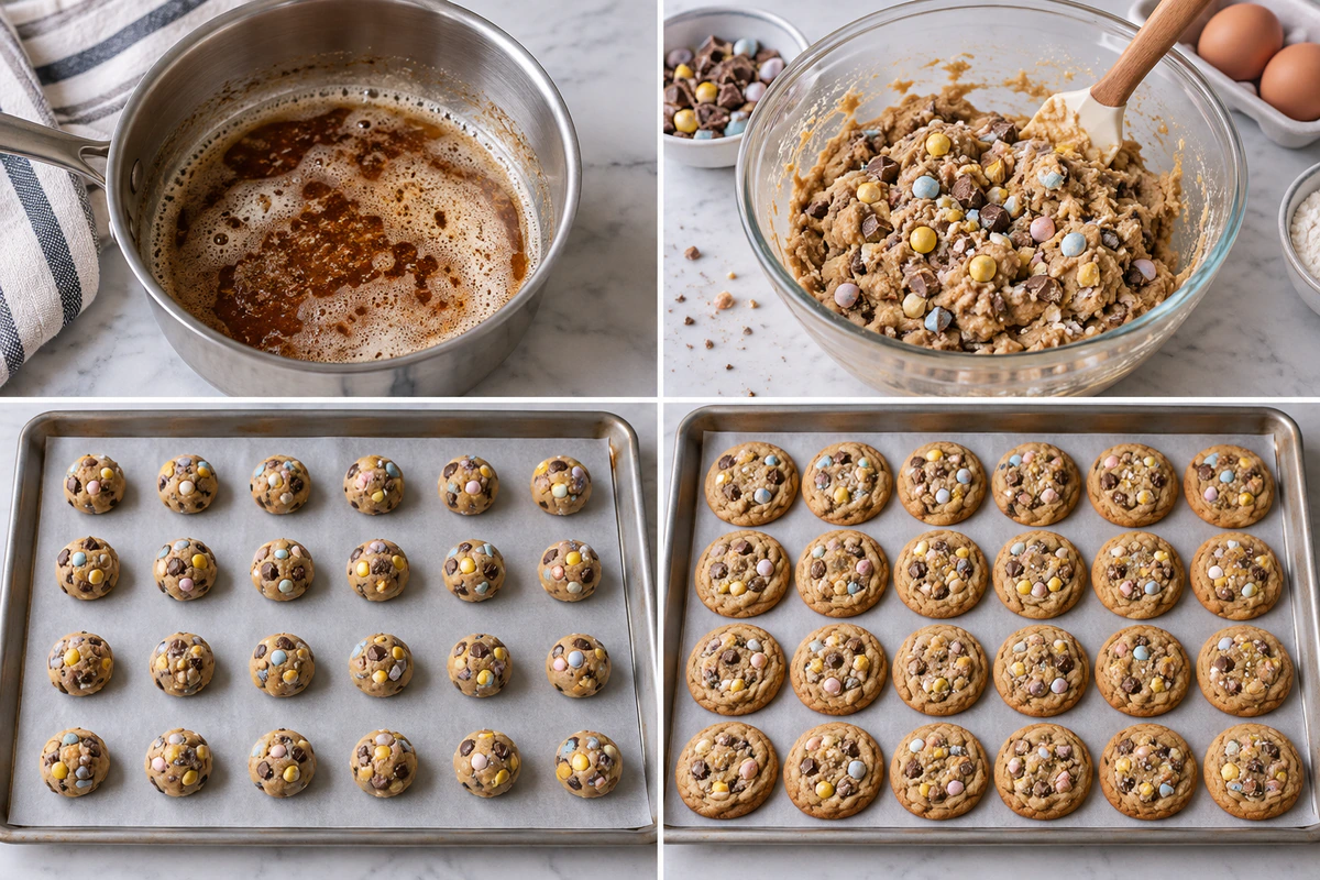 Four chronological preparation stages for Brown Butter Cadbury Egg Cookies
