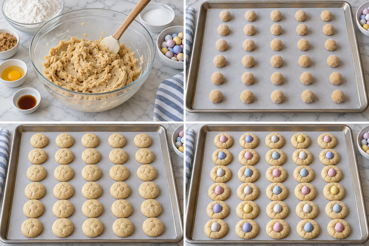 Four chronological preparation stages for Cadbury Egg Kiss Cookies