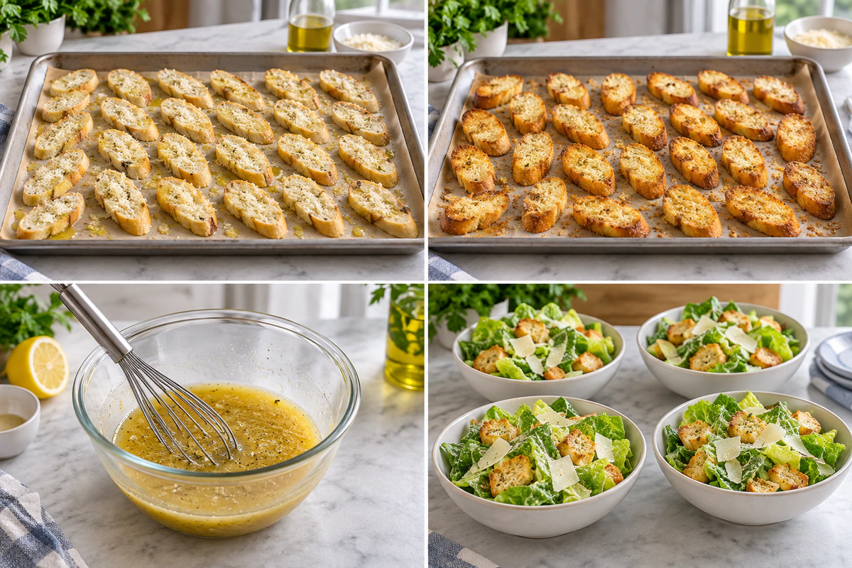 Four chronological preparation stages for Classic Caesar Salad Dish