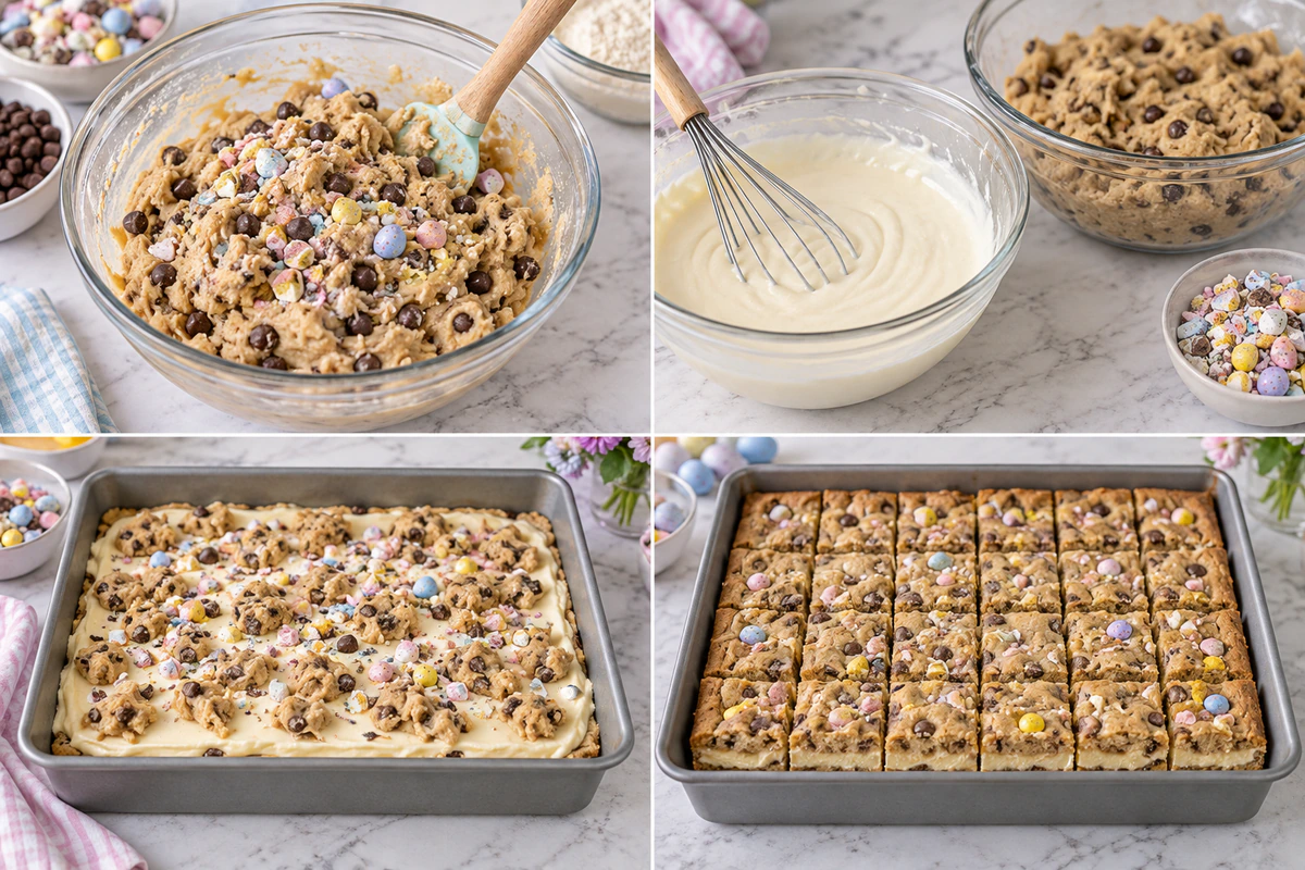Four chronological preparation stages for Mini Egg Cheesecake Cookie Bars