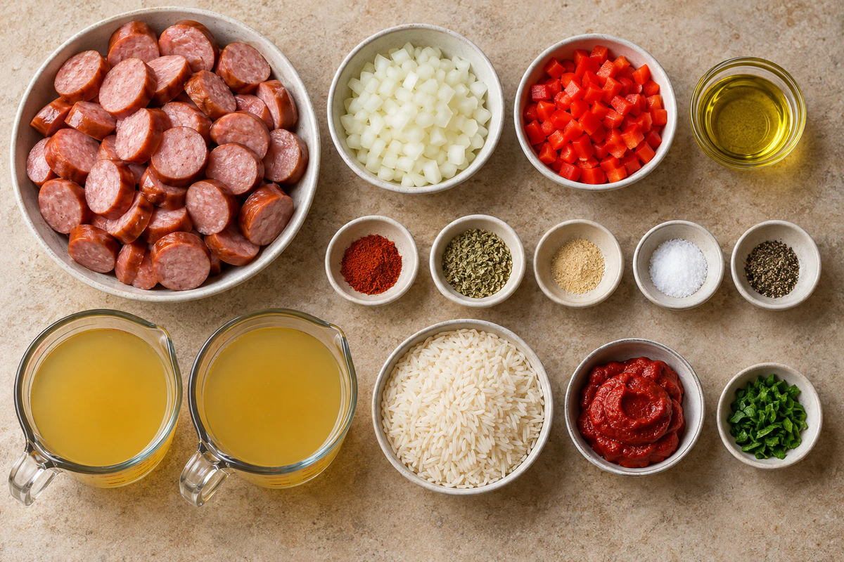 Exact measured ingredients for One Pot Smoked Sausage And Rice