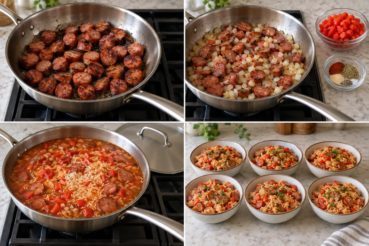 Four chronological preparation stages for One Pot Smoked Sausage And Rice