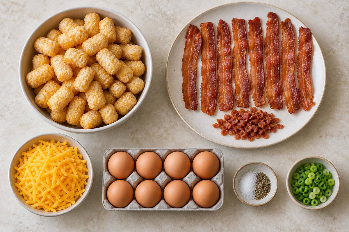Exact measured ingredients for Bacon Egg And Cheese Breakfast Totchos