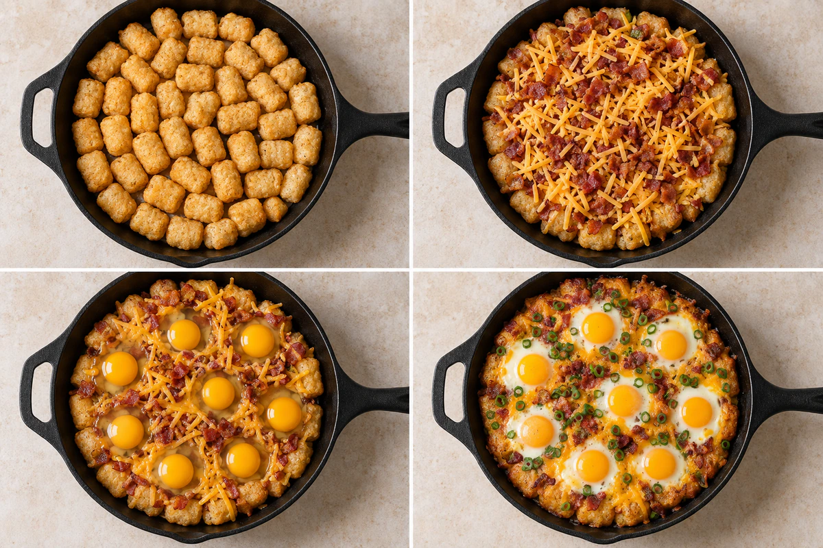 Four chronological preparation stages for Bacon Egg And Cheese Breakfast Totchos