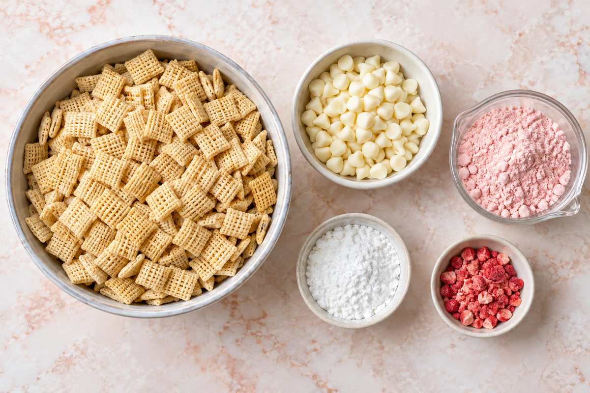 Exact measured ingredients for Strawberry Shortcake Puppy Chow