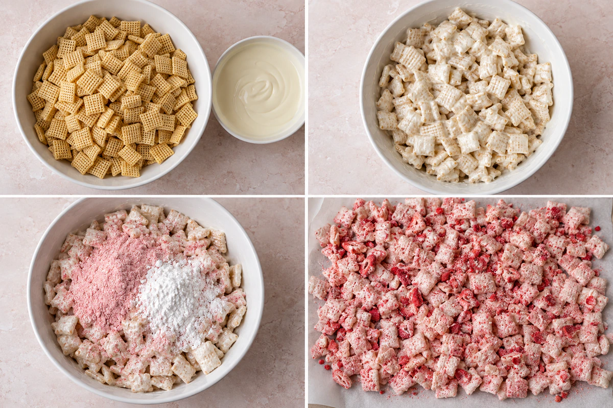 Four chronological preparation stages for Strawberry Shortcake Puppy Chow